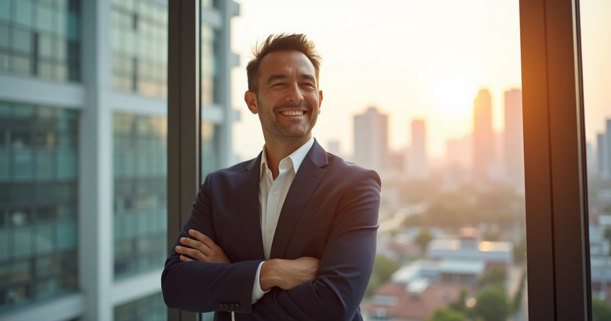 Homem sorrindo aliviado após consulta médica, expressão confiante 