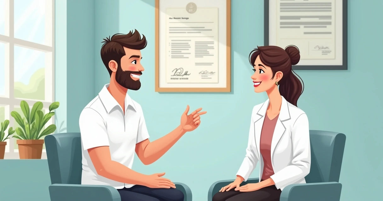 Homem sorrindo durante avaliação estética, ambiente moderno e acolhedor 