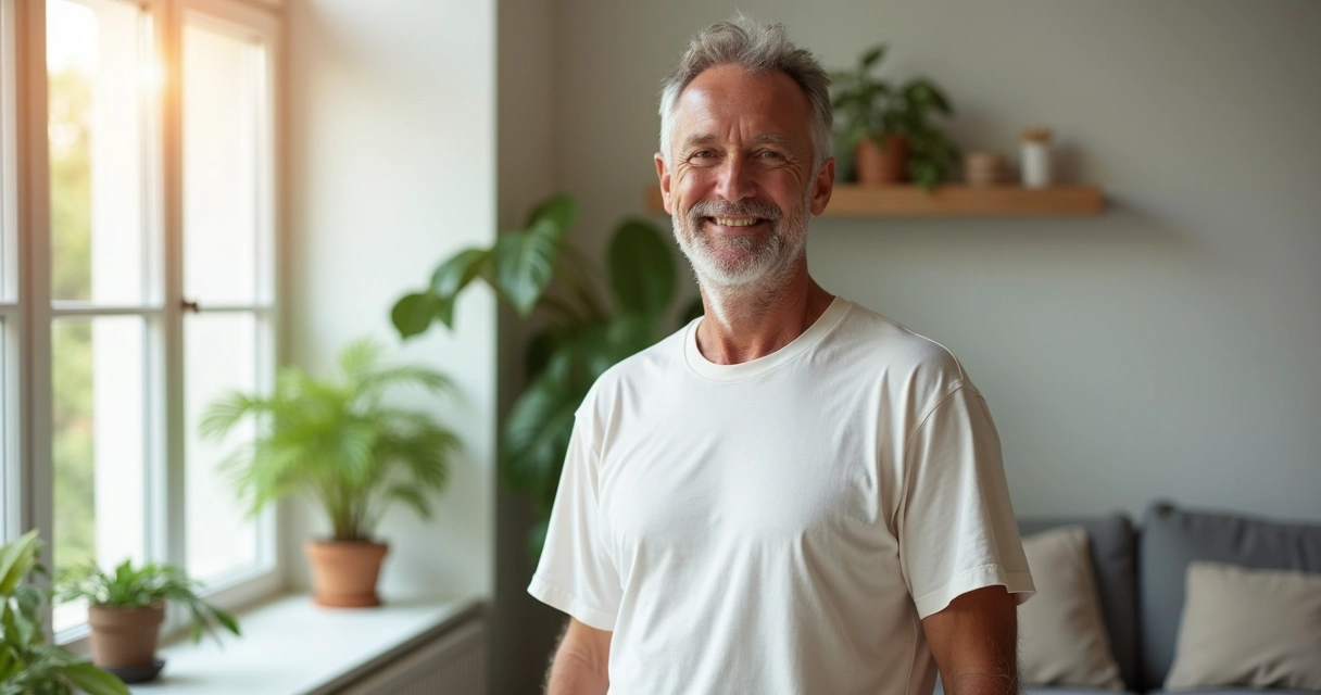 Homem de meia-idade sorrindo com expressão de bem-estar 