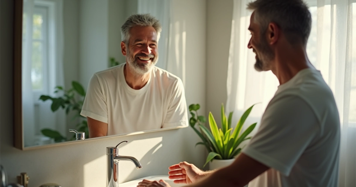 Homem sorrindo para si mesmo apoiado em pia do banheiro, luz suave.