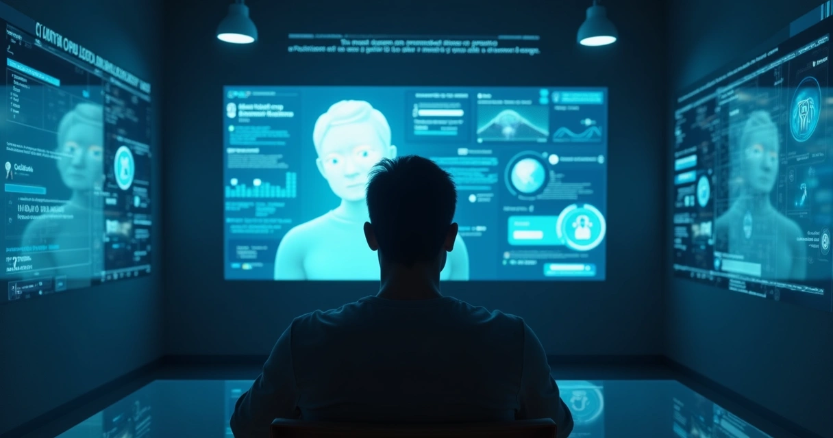 Homem sentado sozinho em ambiente tecnológico com luz azul e expressão contemplativa 