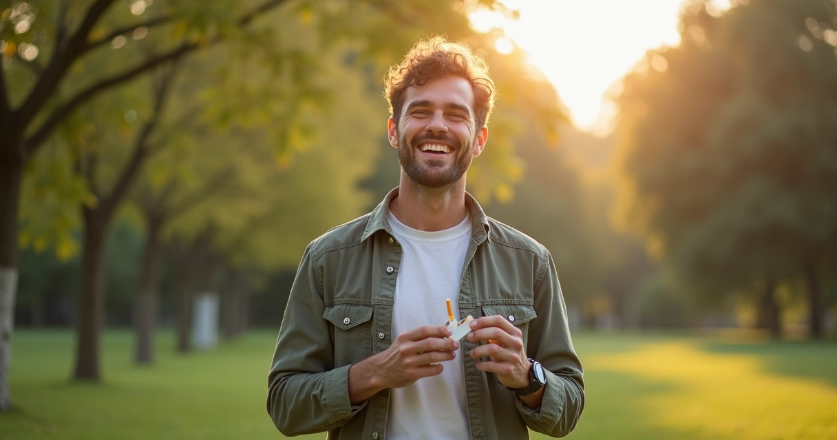 Homem sorridente rasgando maço de cigarros 