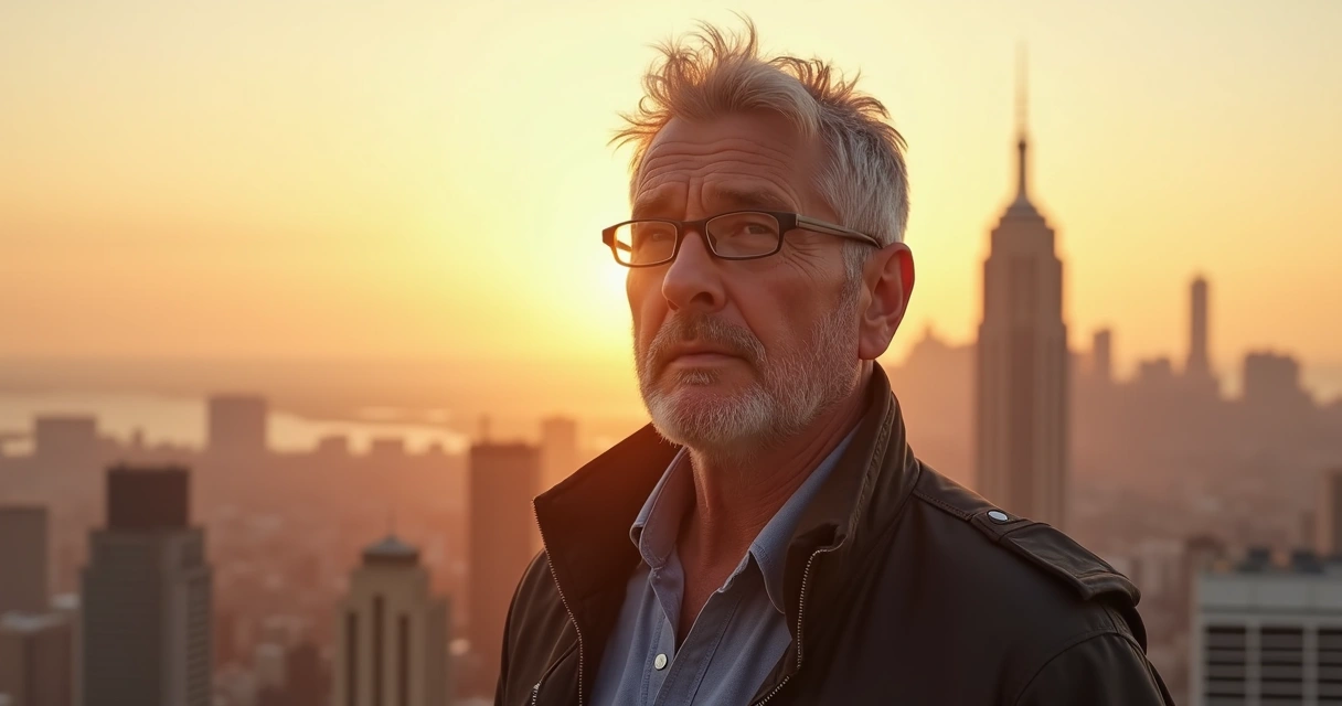 Homem de meia idade olhando para frente, expressão determinada, fundo de cidade ao amanhecer 