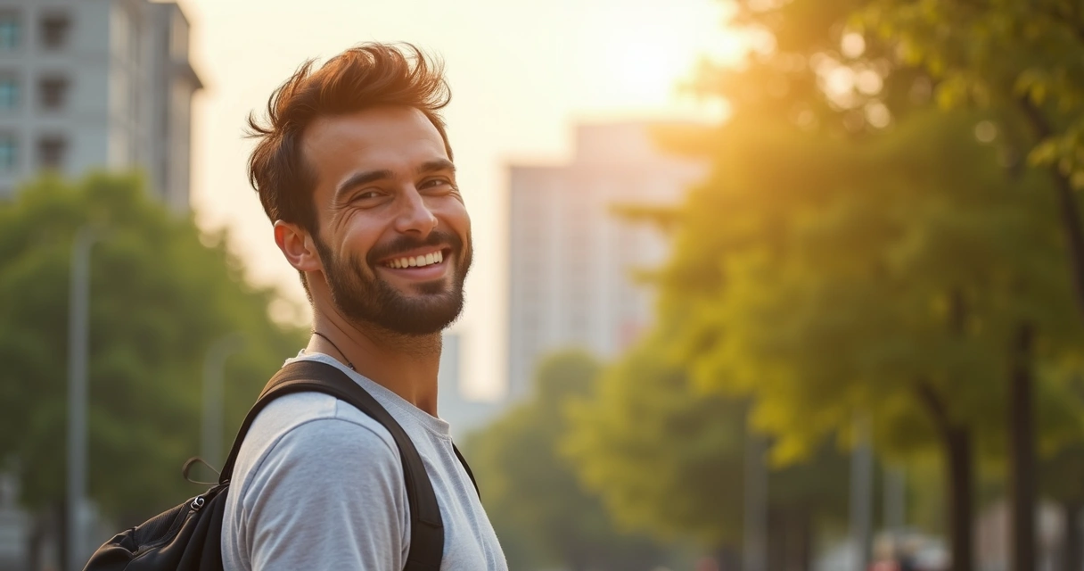 Homem sorrindo ao ar livre, expressão de alívio e confiança. 
