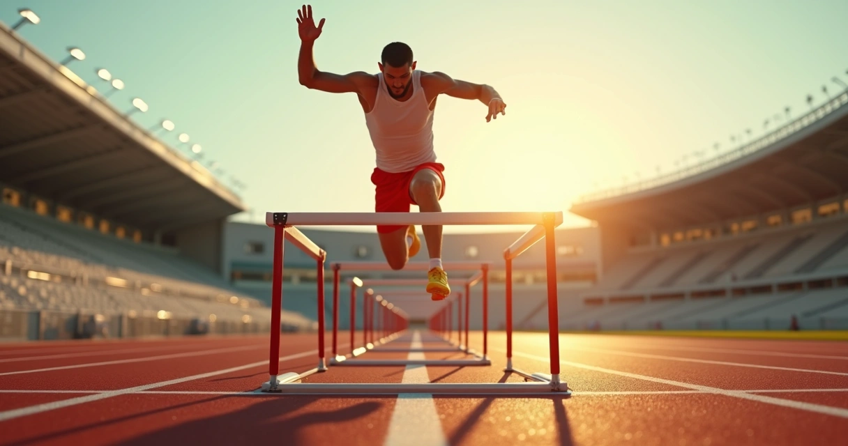 Homem pulando uma barreira de obstáculos em pista esportiva 
