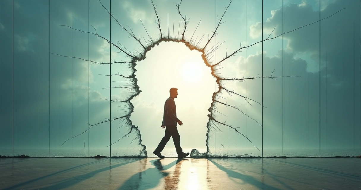 Homem atravessando barreira transparente. 