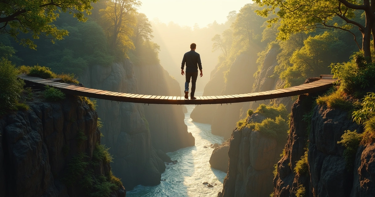 Homem atravessando ponte estreita acima de um abismo