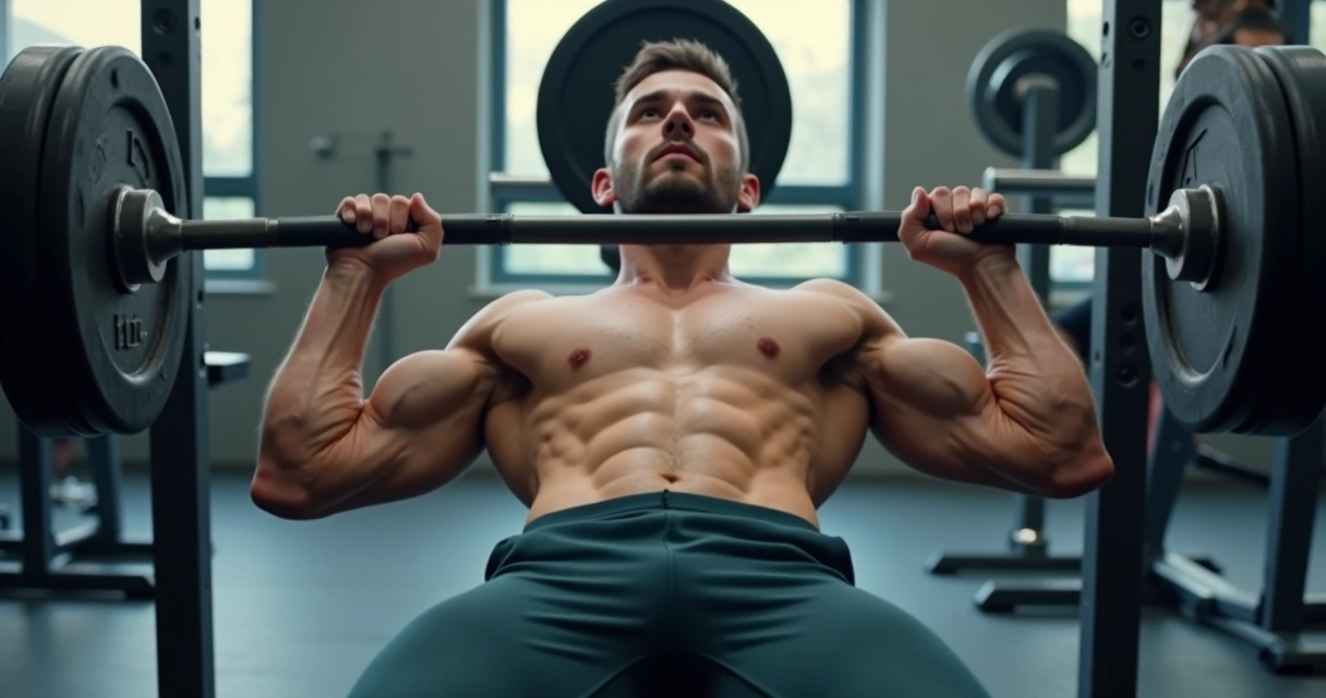 Homem fazendo supino reto com barra em academia, pegada firme, ambiente claro, alta definição 