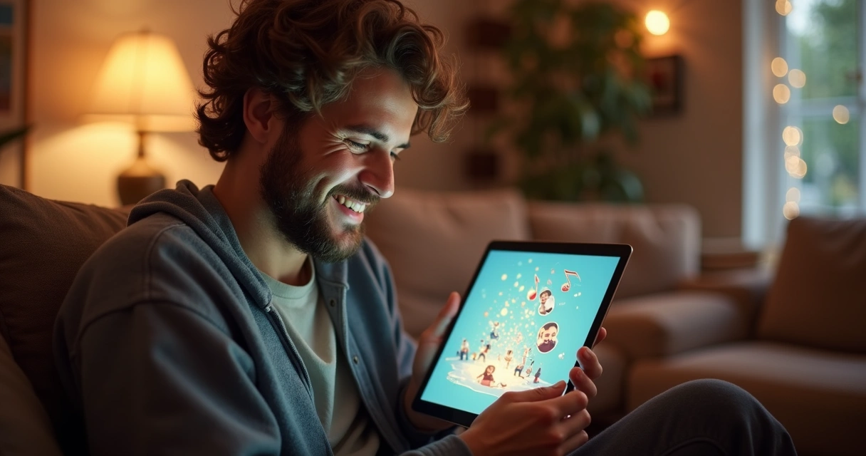 Homem surpreso olhando para presente digital em tablet 