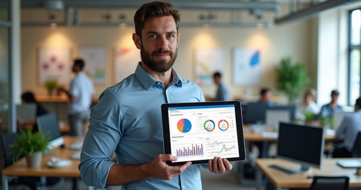 Homem analisando tablet com dados de campanha personalizada 