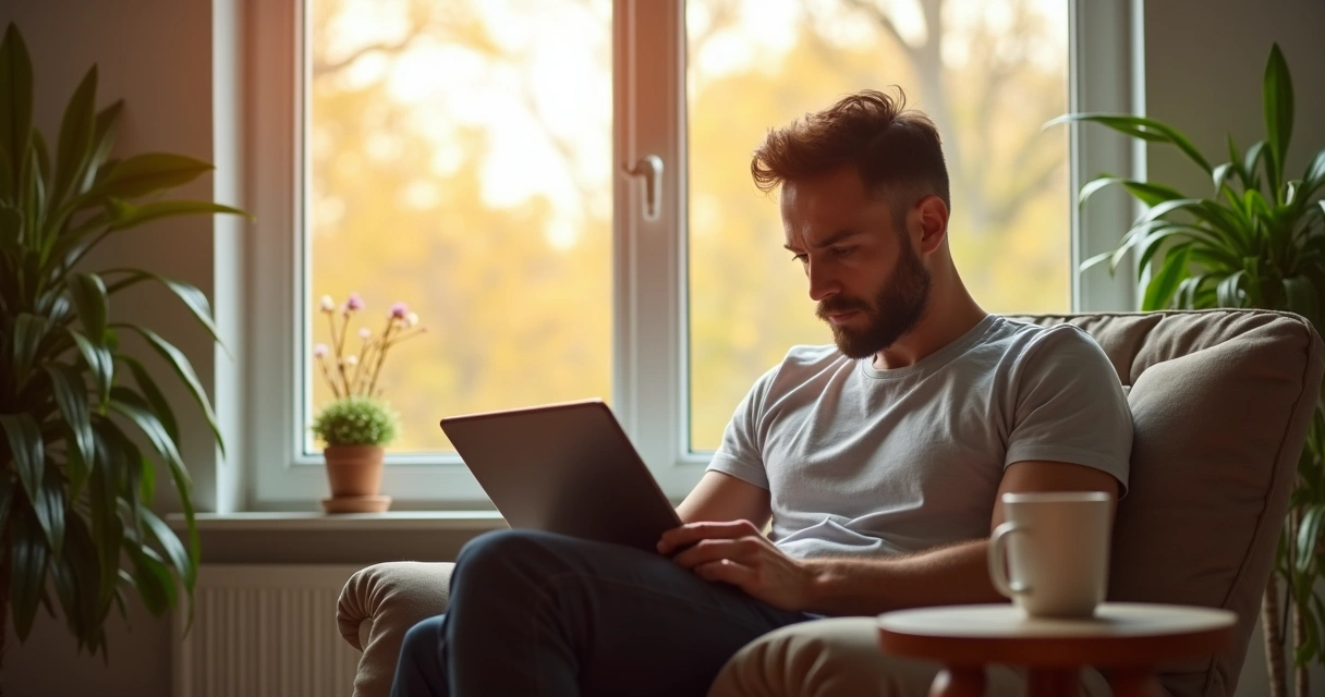 Homem concentrado usando tablet, sentado perto de janela com luz natural 
