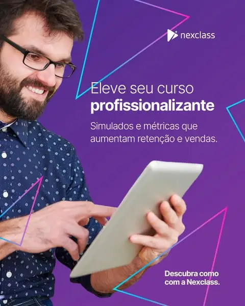 Homem sorridente usando tablet com texto sobre profissionalização de cursos e retenção.