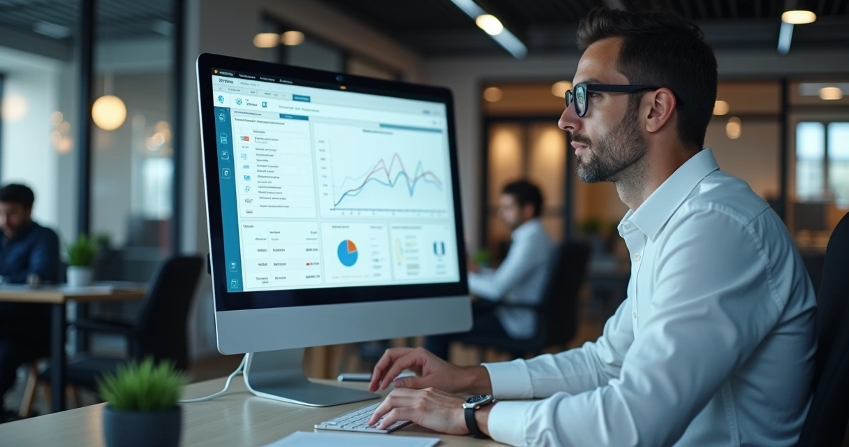 Consultor de tecnologia analisando a tela de um sistema empresarial 