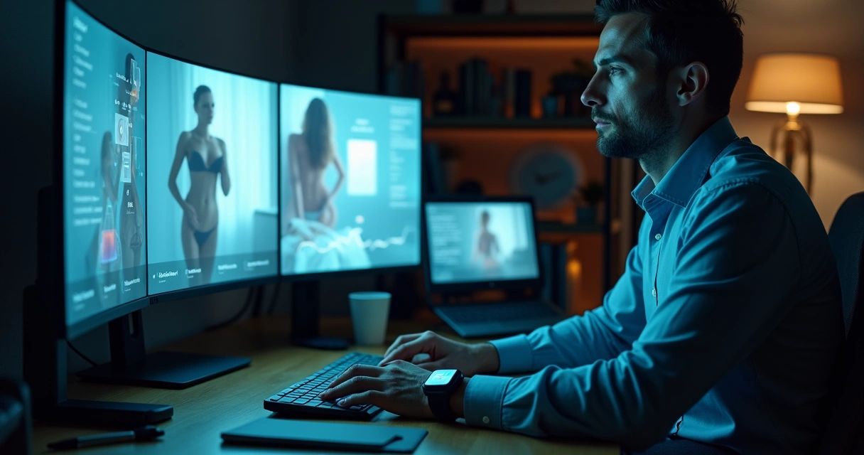 Homem diante de múltiplas telas desfocadas acessando painel de autocontrole digital 