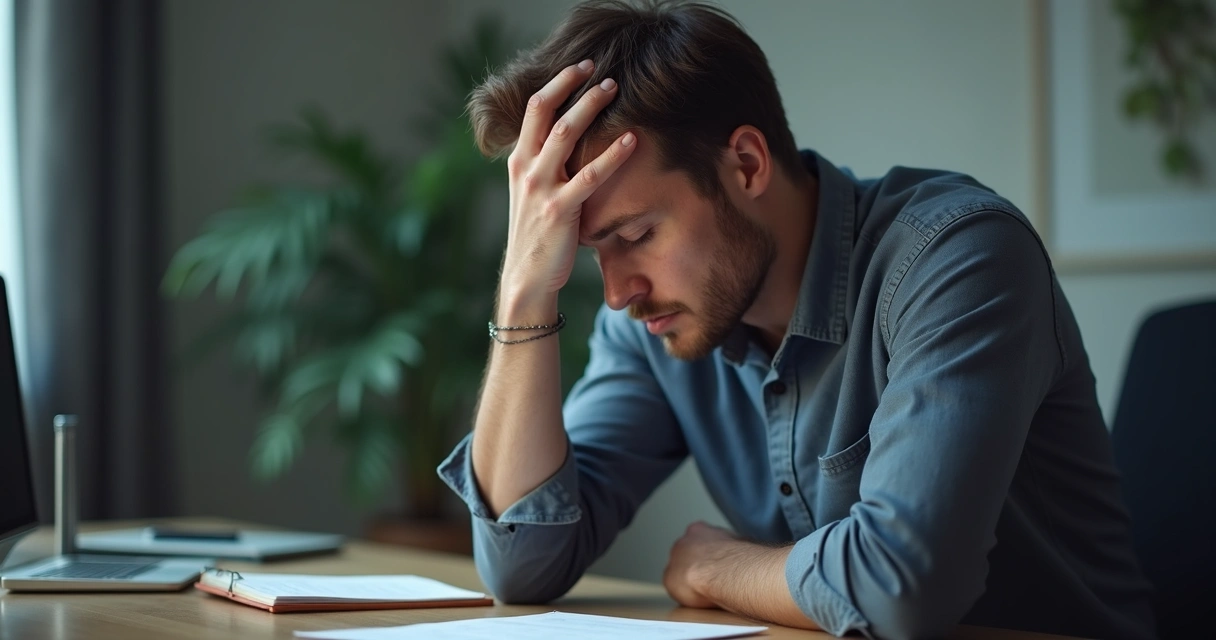 Homem sentado olhando para baixo, mão na testa, expressão de indecisão 