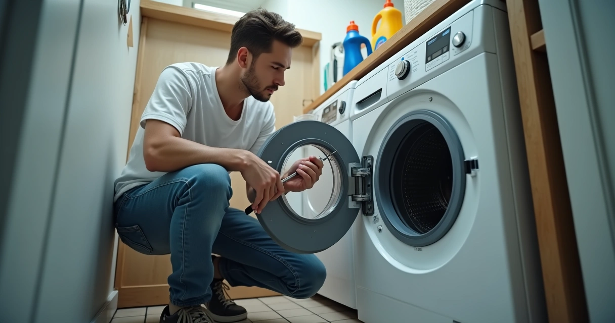 Homem examinando máquina de lavar com ferramentas básicas 