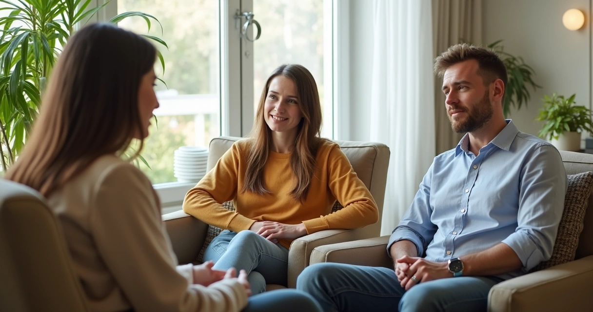 Casal sentado em poltronas conversando com terapeuta, expressões de atenção 
