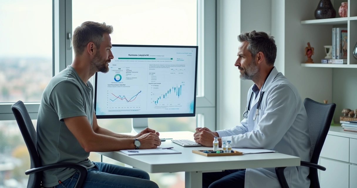 Homem em consulta médica avaliando tratamento de reposição de testosterona 