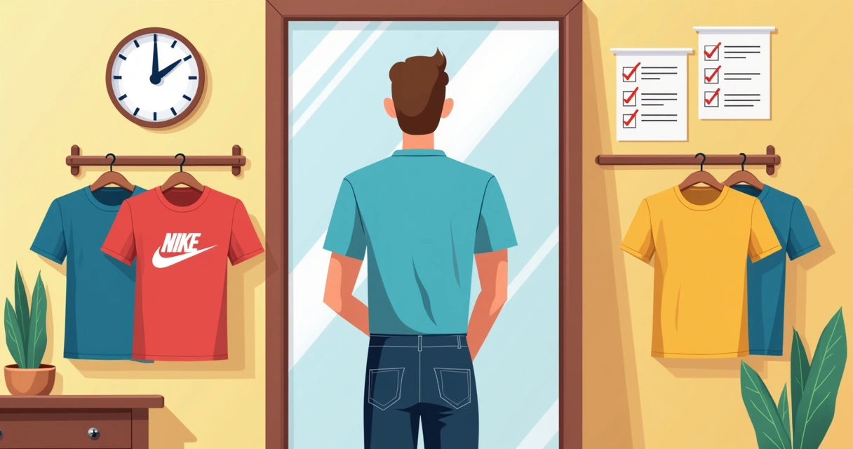 Homem experimentando três camisetas diferentes diante do espelho