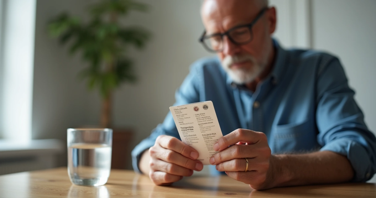 Homem adulto lendo bula de comprimido sentado à mesa com um copo de água 