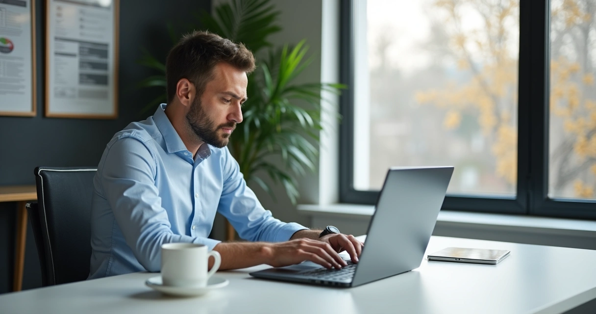 Homem trabalhando analisando currículos na tela do computador