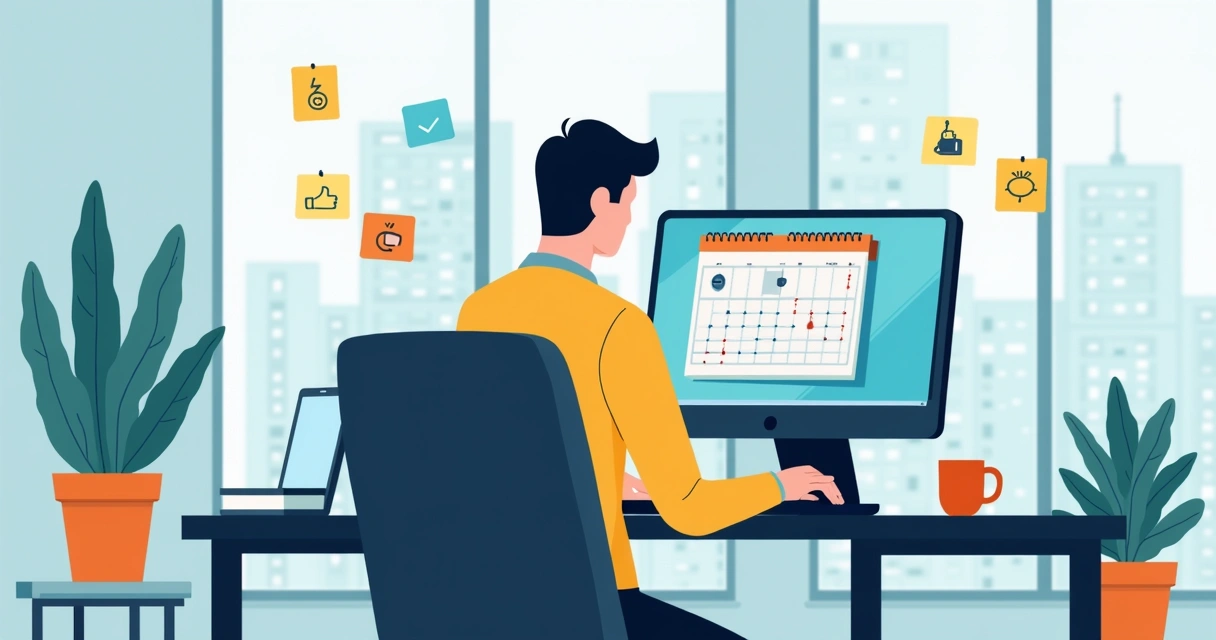 Homem usando computador para organizar tarefas em uma agenda digital 