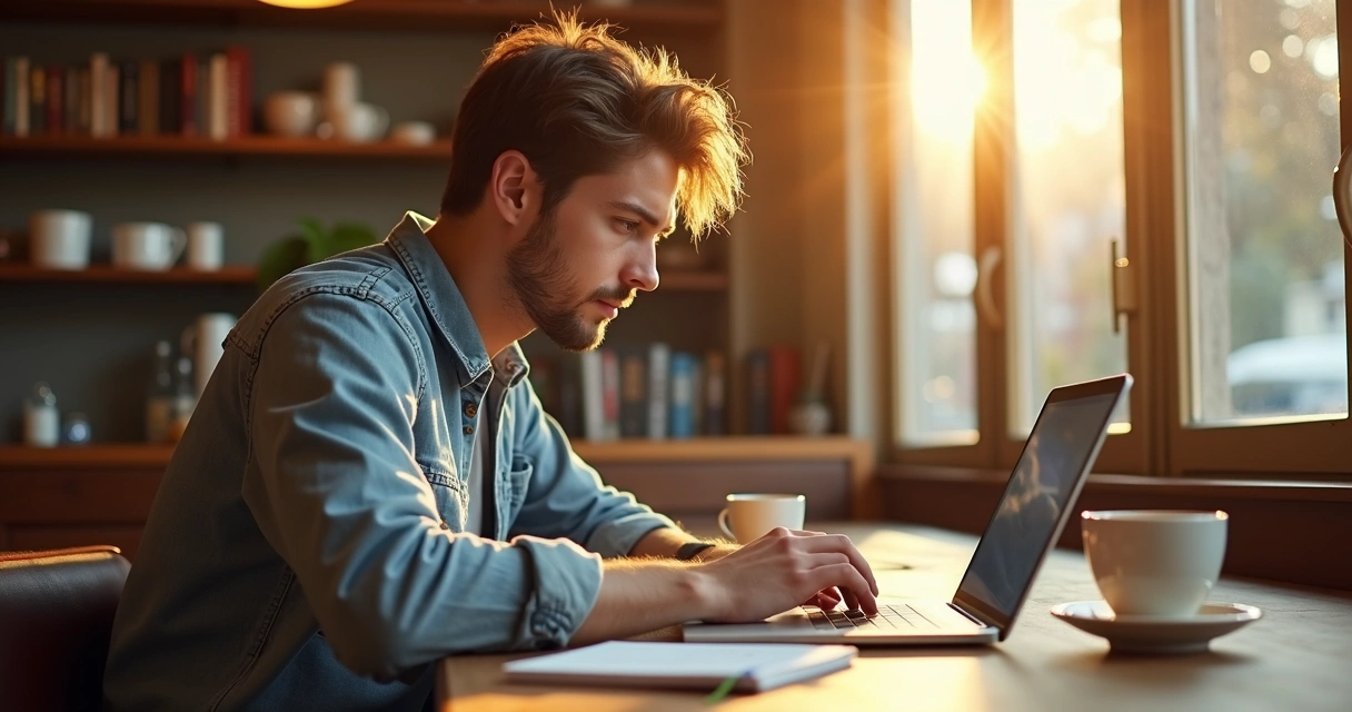 Homem escrevendo em notebook em cafeteria com café ao lado 