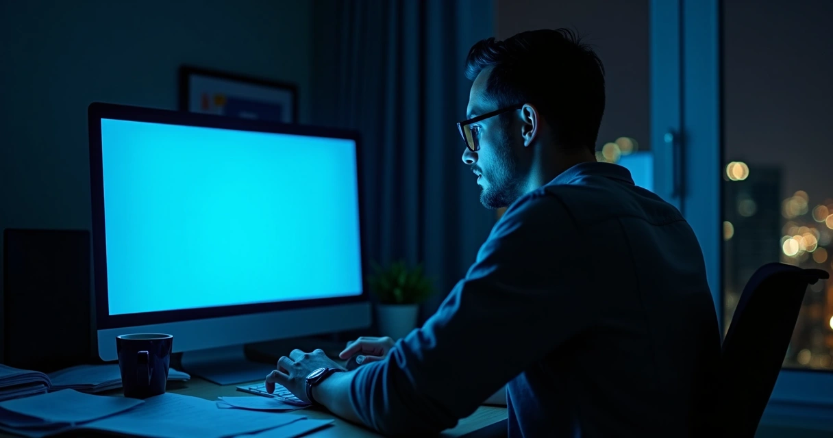 Homem em frente ao computador em ambiente escuro 