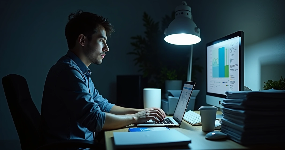 Homem digitando concentrado em um notebook à noite em mesa bagunçada. 
