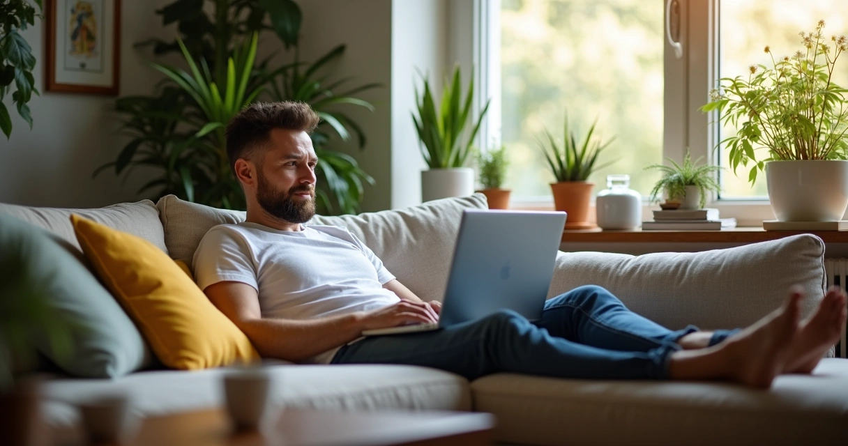 Homem usando notebook no sofá com ambiente confortável 