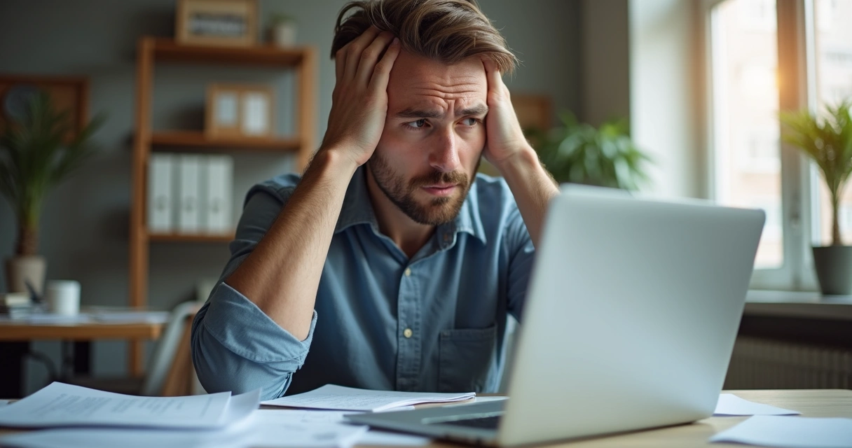 Homem sentado em frente ao notebook com expressão preocupada 