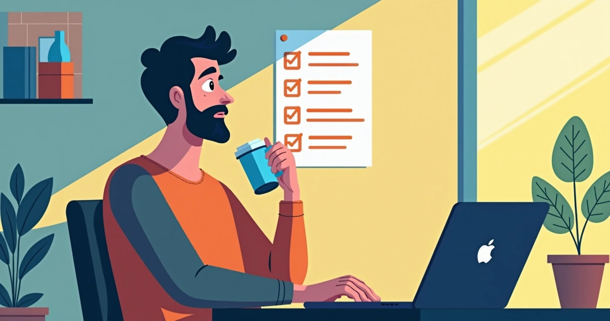 Homem sentado à mesa revisando lista de tarefas em laptop, com expressão tranquila e café na mão 