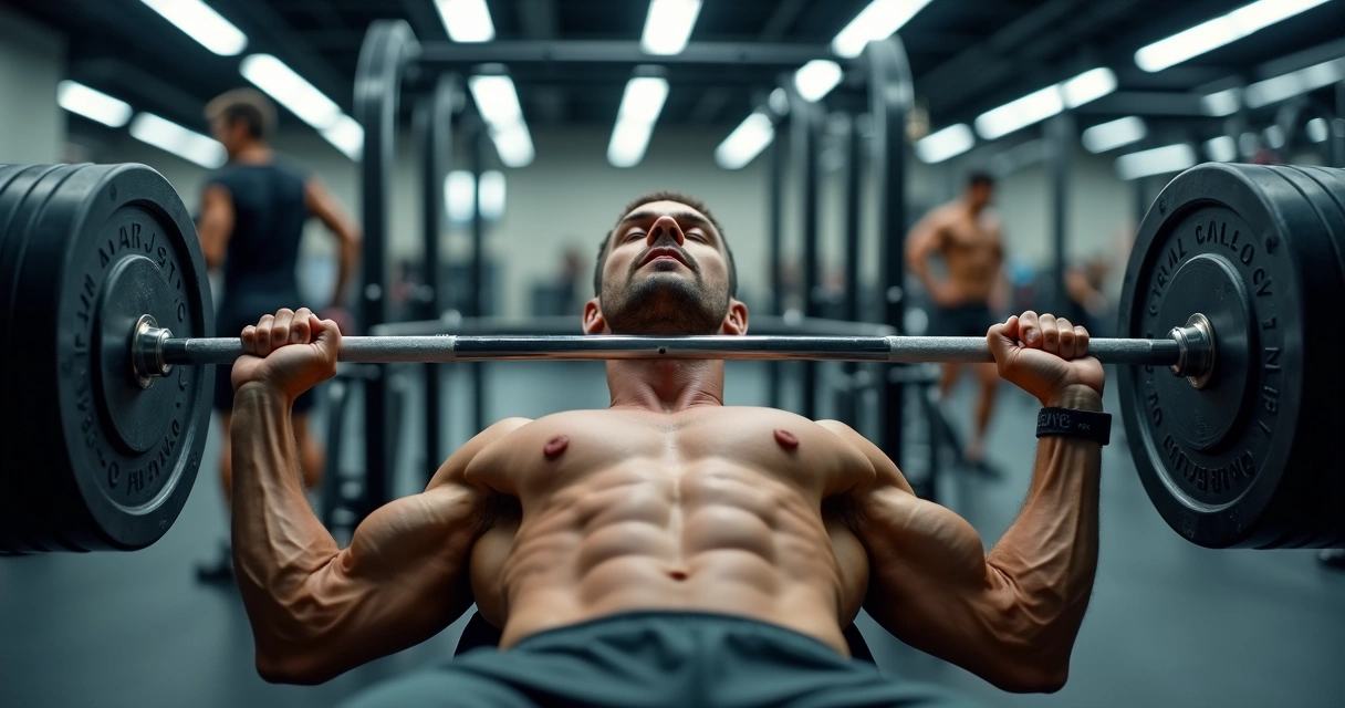 Homem treinando peito com barra na academia 