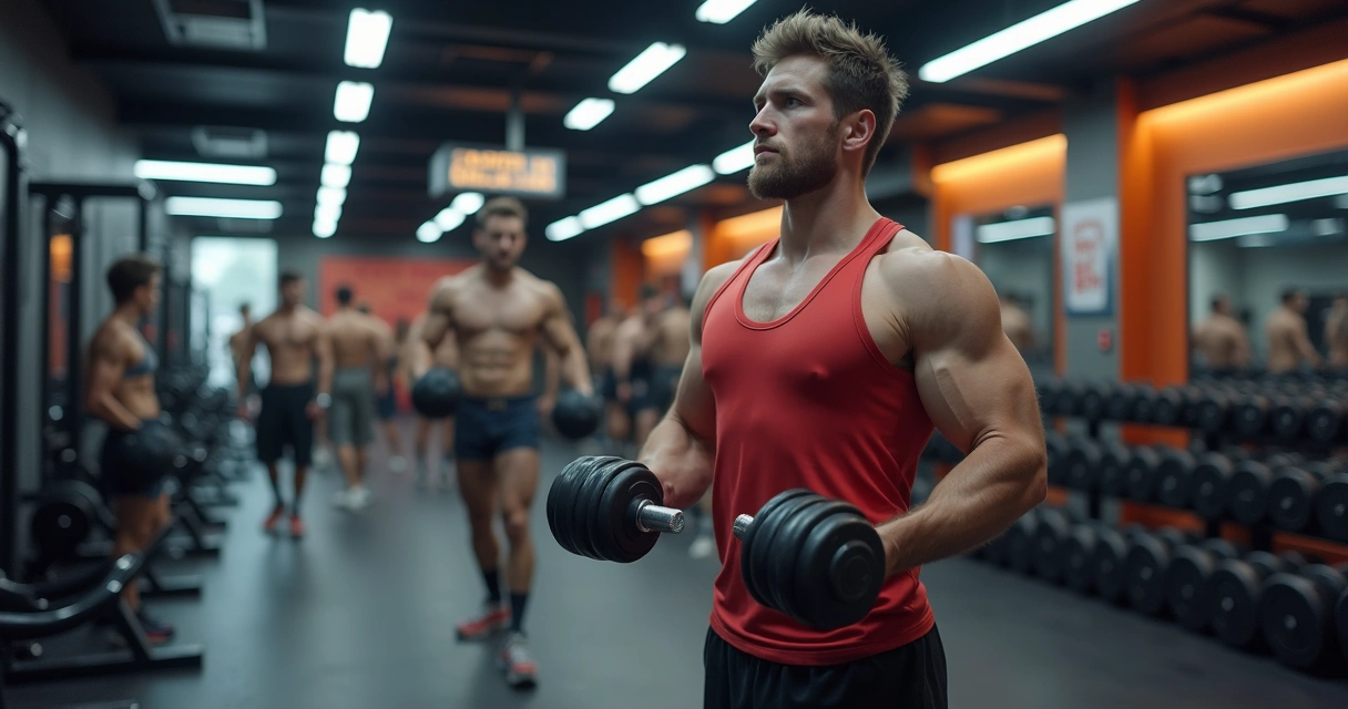 Homem levantando halteres na academia 