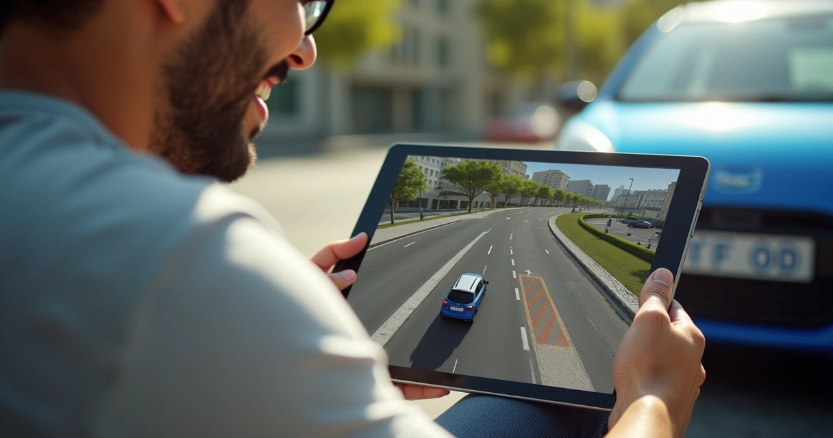 Homem simulando baliza em tablet usando aplicativo educativo de direção 