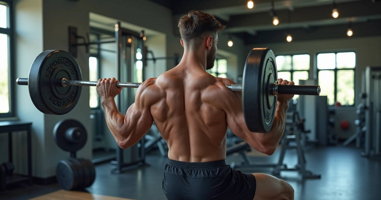 Homem fazendo rosca direta com barra em academia bem iluminada 