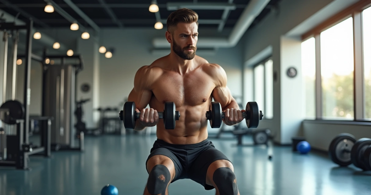 Homem realizando remada unilateral com halteres em academia bem iluminada 