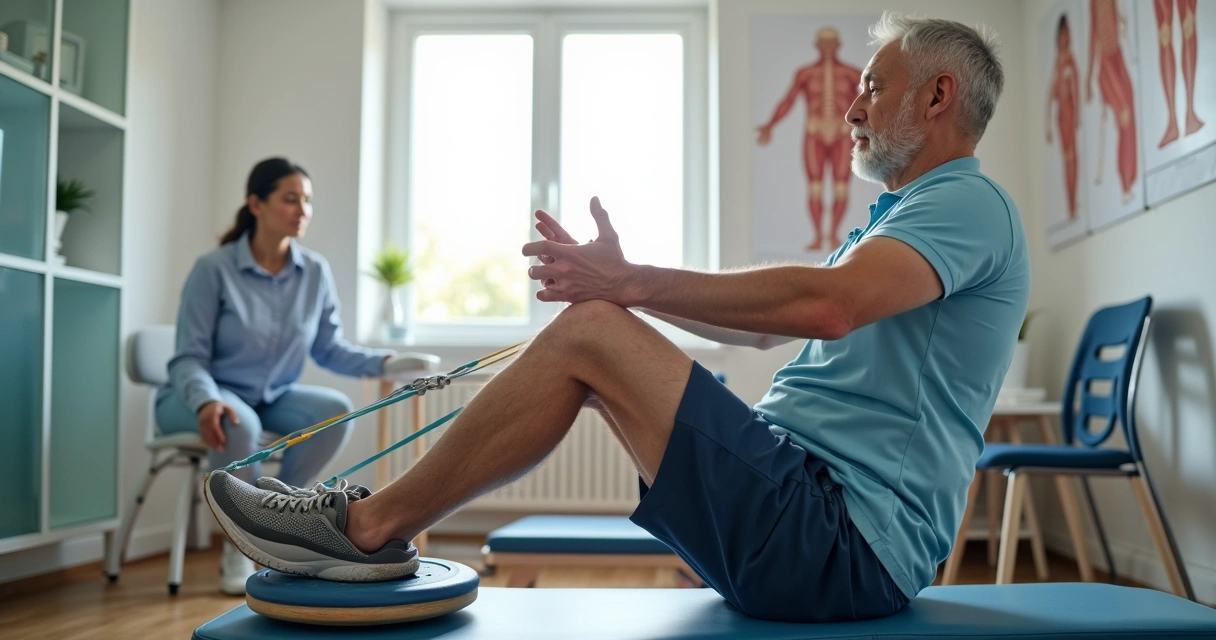 Homem realizando exercícios de fisioterapia para joelho em ambiente clínico 