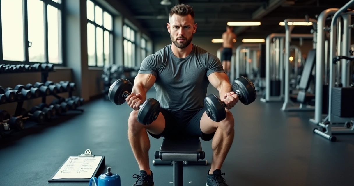 Homem treinando musculação em academia com halteres e ficha de treino ao lado 