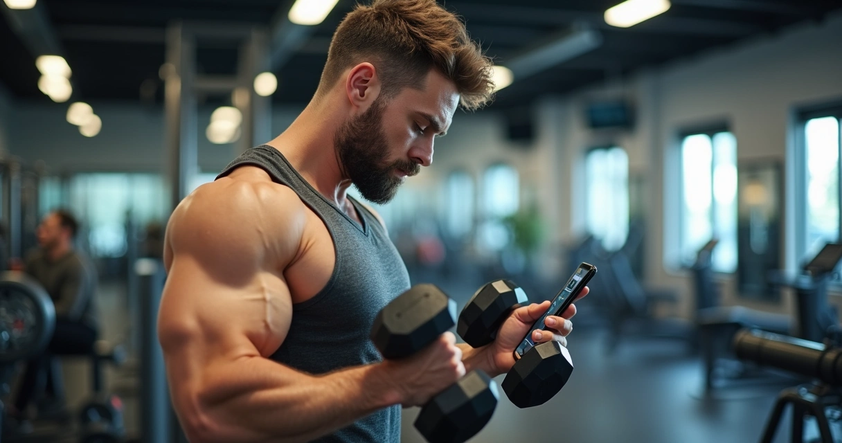 Homem fazendo treino personalizado com halteres na academia 
