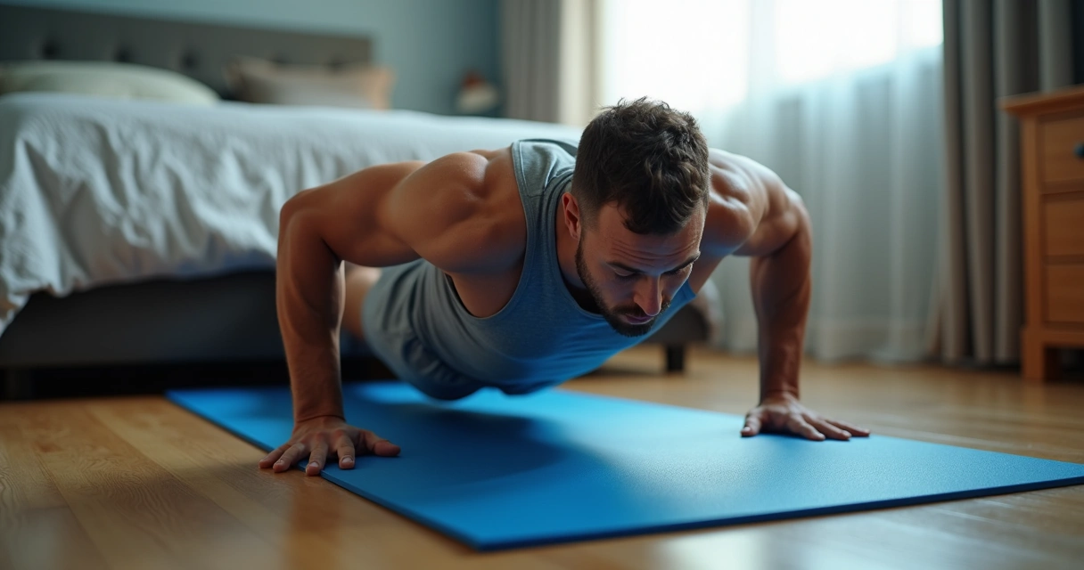 Homem fazendo flexão de braço no tapete de seu quarto 