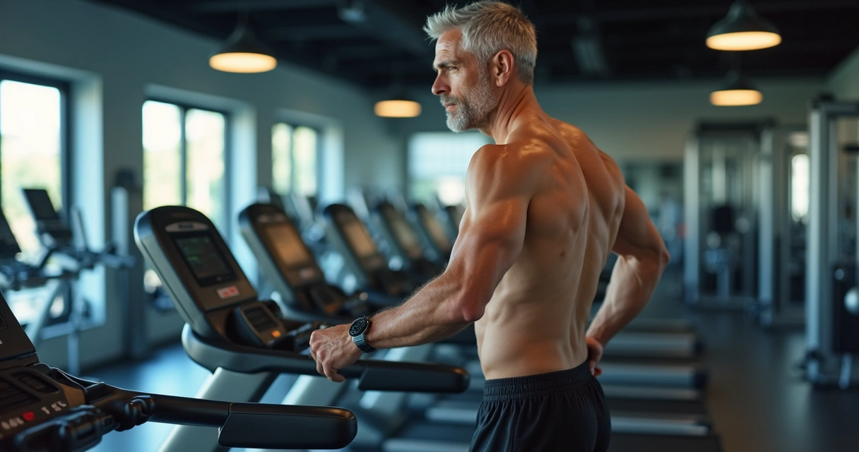 Homem adulto caminha em esteira, fundo academia, roupas esportivas, ambiente iluminado