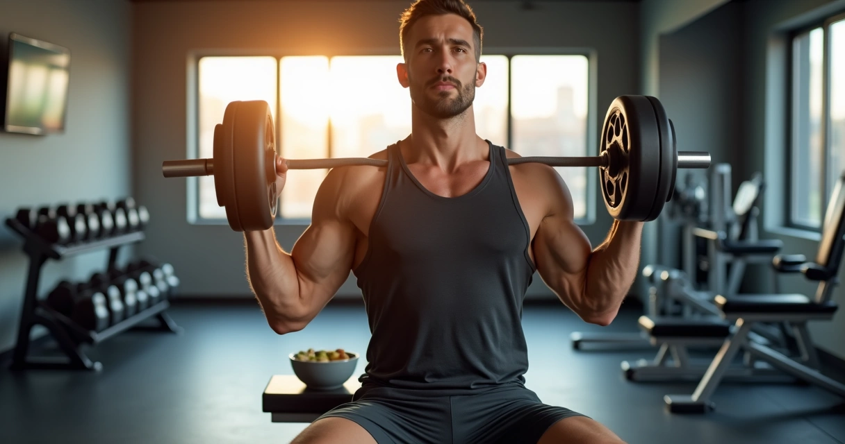 Homem adulto treinando musculação com halteres em academia moderna 