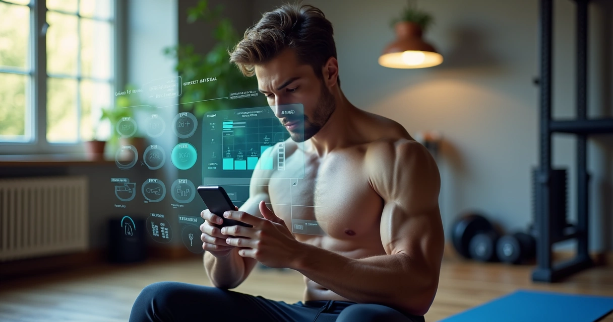 Homem treinando com aplicativo de treino de musculação no celular