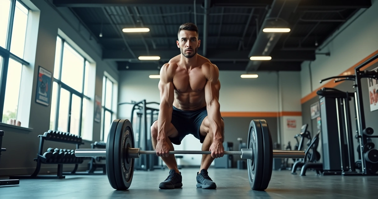 Homem treinando musculação com barra na academia, ambiente moderno e iluminação natural 