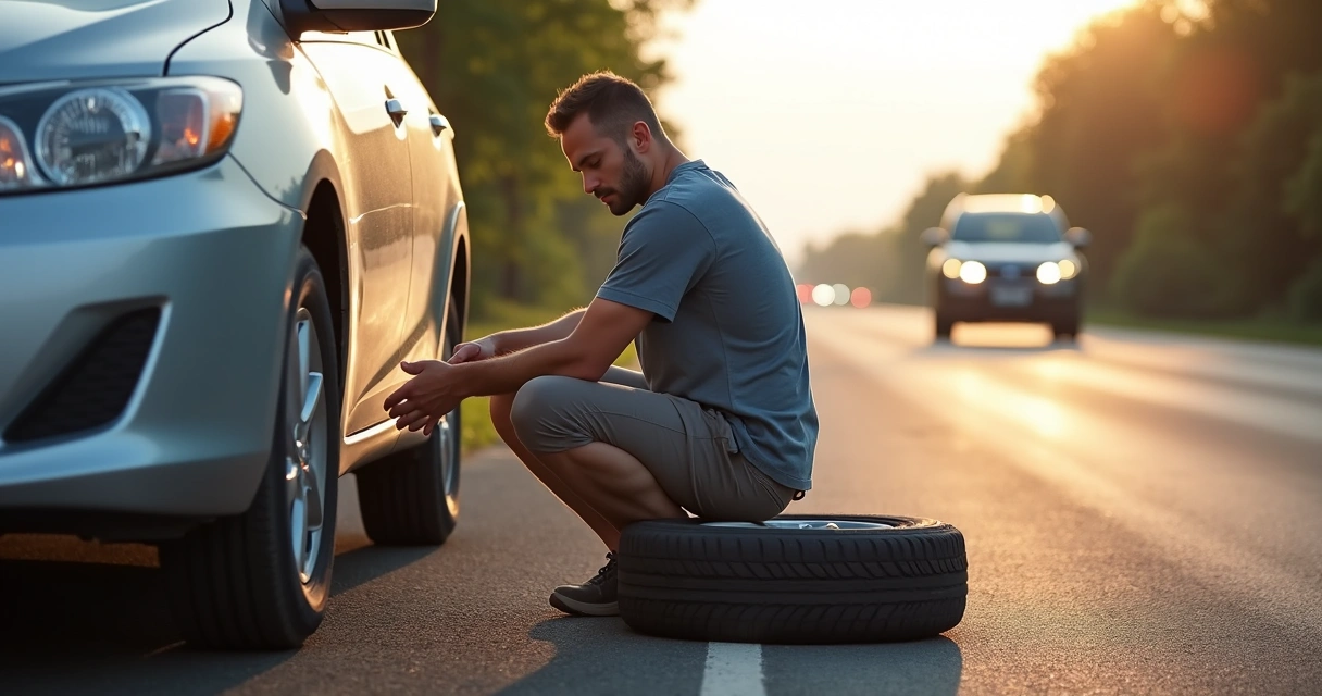 Homem trocando pneu no acostamento ao lado de um carro. 