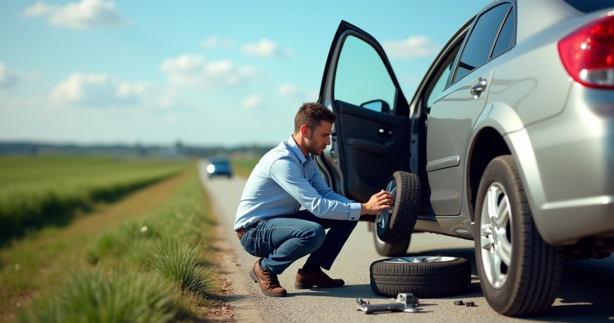Homem trocando pneu de carro na beira da estrada com ferramentas e pneu furado no chão 