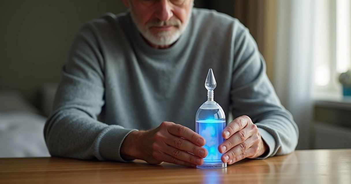Homem segurando bomba peniana sobre mesa de madeira clara 