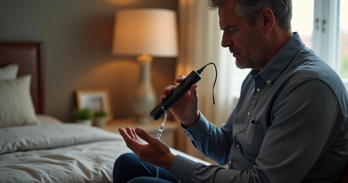 Homem sentado usando bomba peniana, com expressão de concentração 