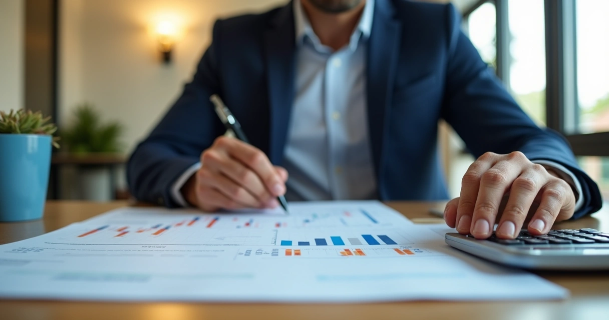 Homem analisa financiamento em calculadora comparando tabelas SAC e Price 